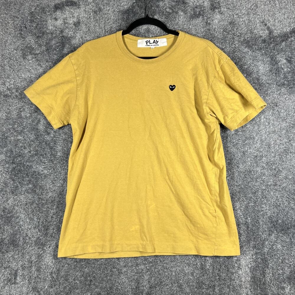 Comme Des Garçons PLAY Shirt Mens XL Yellow Embroidered Heart Crew Neck Slim Fit